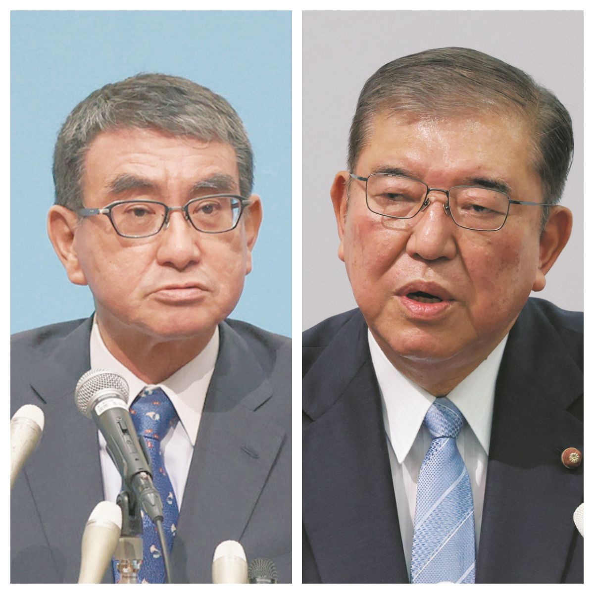 河野太郎氏㊧と石破茂氏（佐藤哲紀撮影）