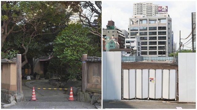 地面師事件の舞台となった東京・五反田の元旅館「海喜館」（左＝2018年1月）。今月20日には解体がほぼ終わっていた（右）