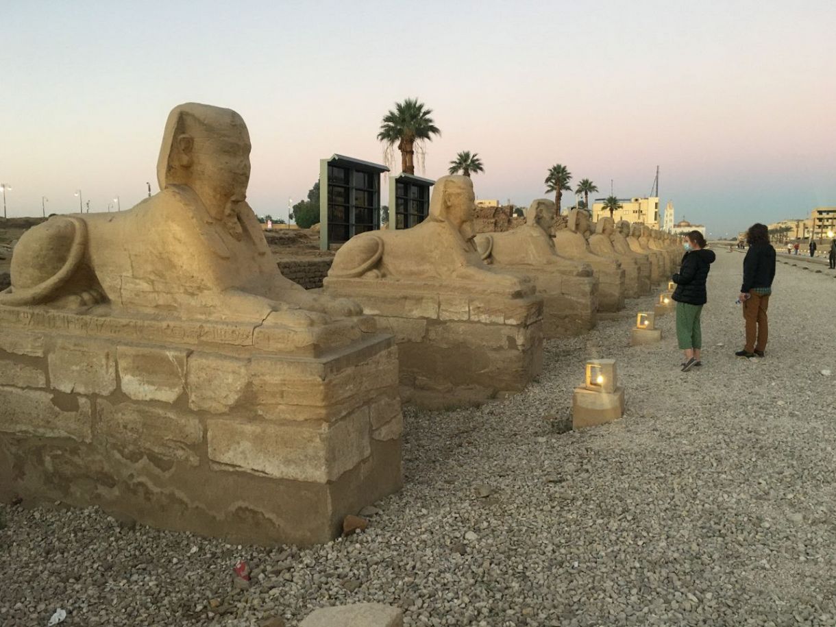 ２５日、エジプト中部ルクソールで、復元された「スフィンクス参道」＝蜘手美鶴撮影