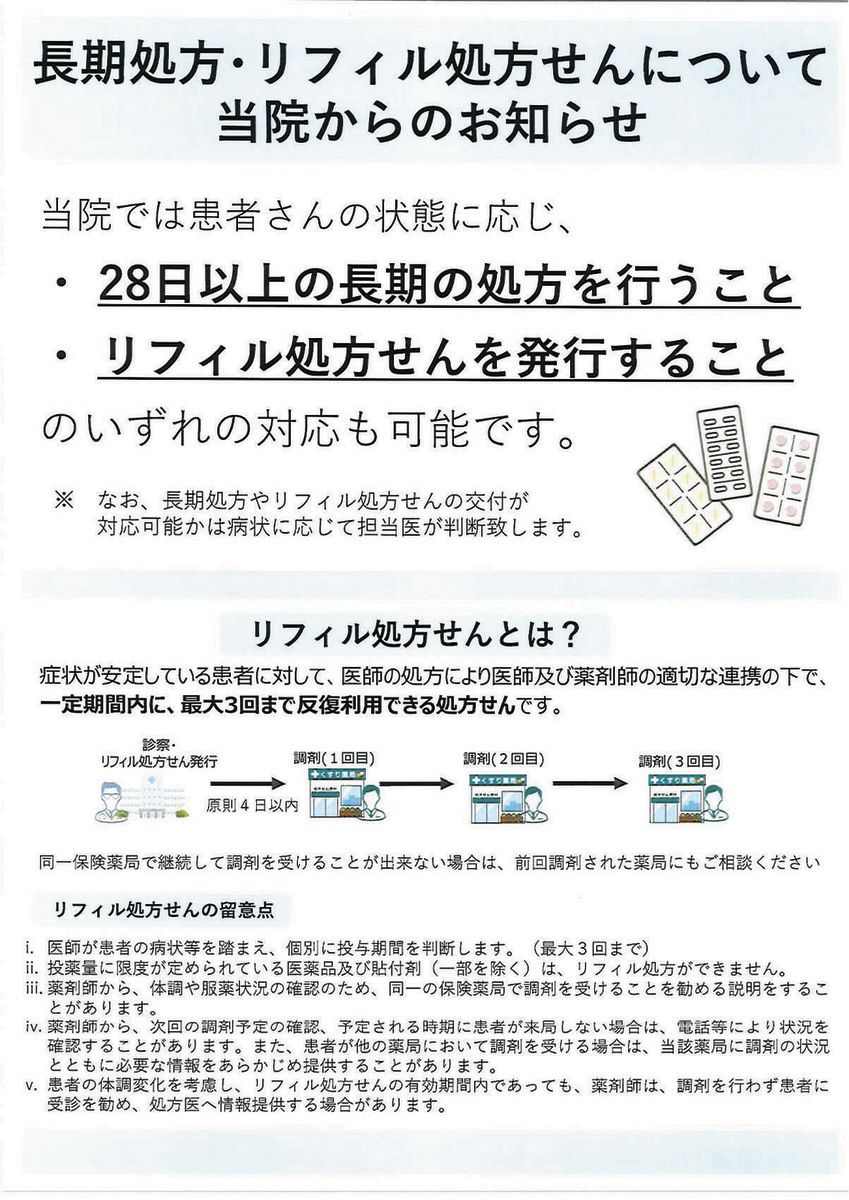 長期処方・リフィル処方箋が可能なことを伝える厚労省作成の院内掲示用ポスターの見本