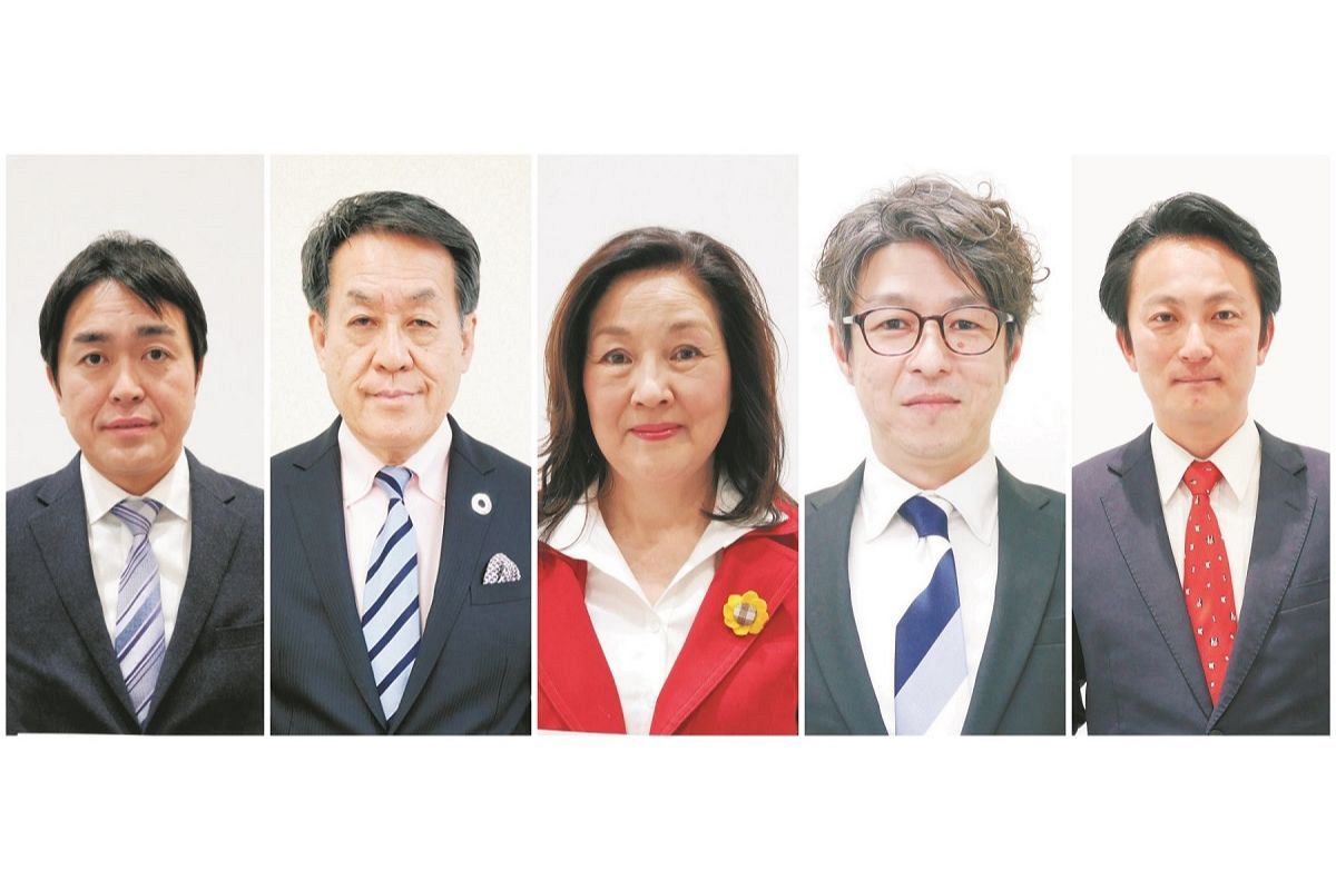 目黒区長選に立候補した（左から）伊藤悠さん、青木英二さん、河野陽子さん、滝下隆行さん、西崎翔さん＝届け出順
