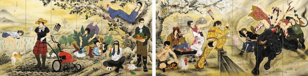 （右）左右に７人ずつの「肉食」「草食」男子を描いた木村了子さん「男子楽園図屏風－ＥＡＳＴ＆ＷＥＳＴ」（右隻）　（左）同（左隻）＝いずれも２０１１、作家蔵、撮影・宮島径さん