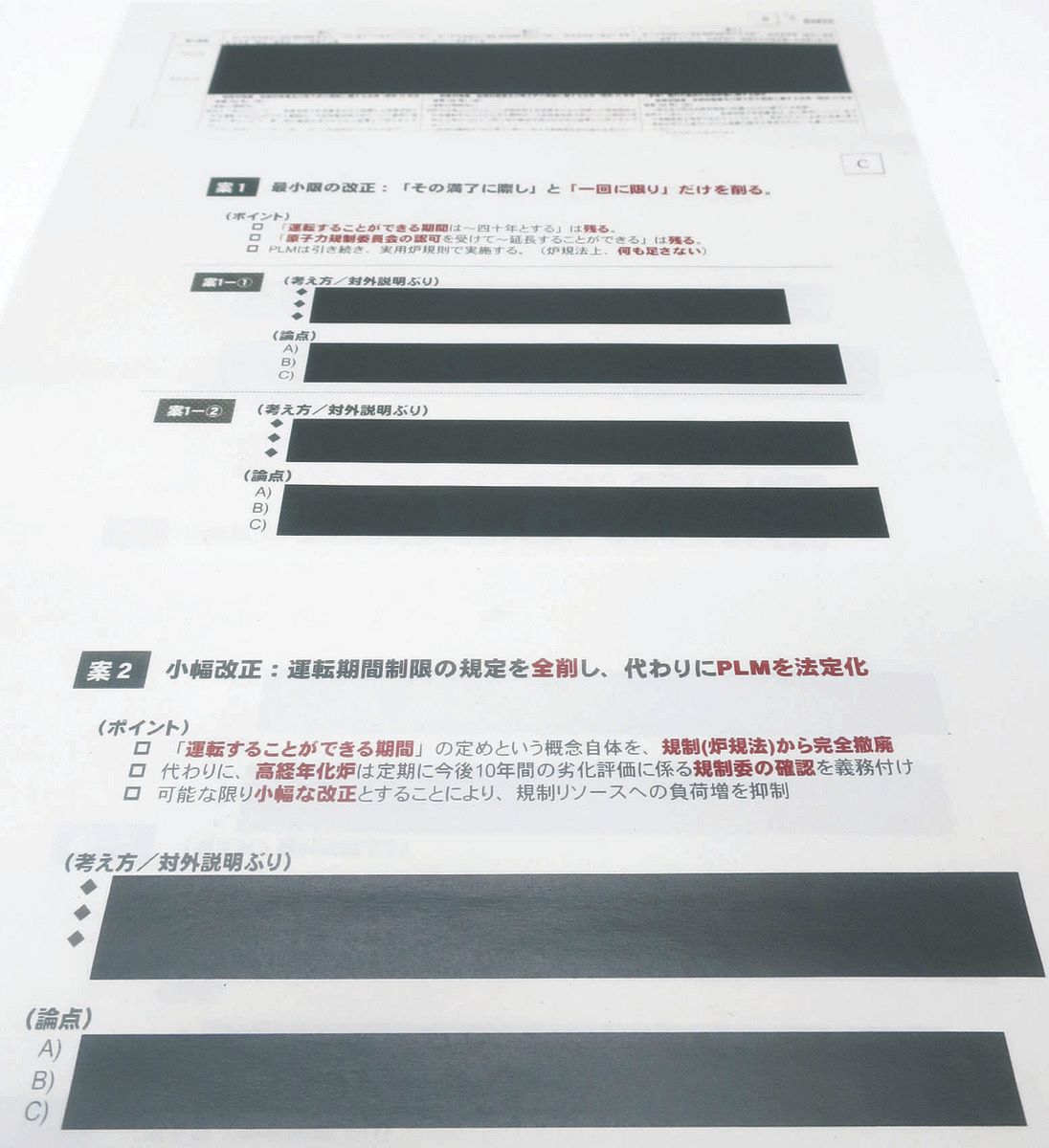 原子力規制庁が2023年2月に公開した原発運転延長の検討過程を示した内部文書。大半が黒塗りだった