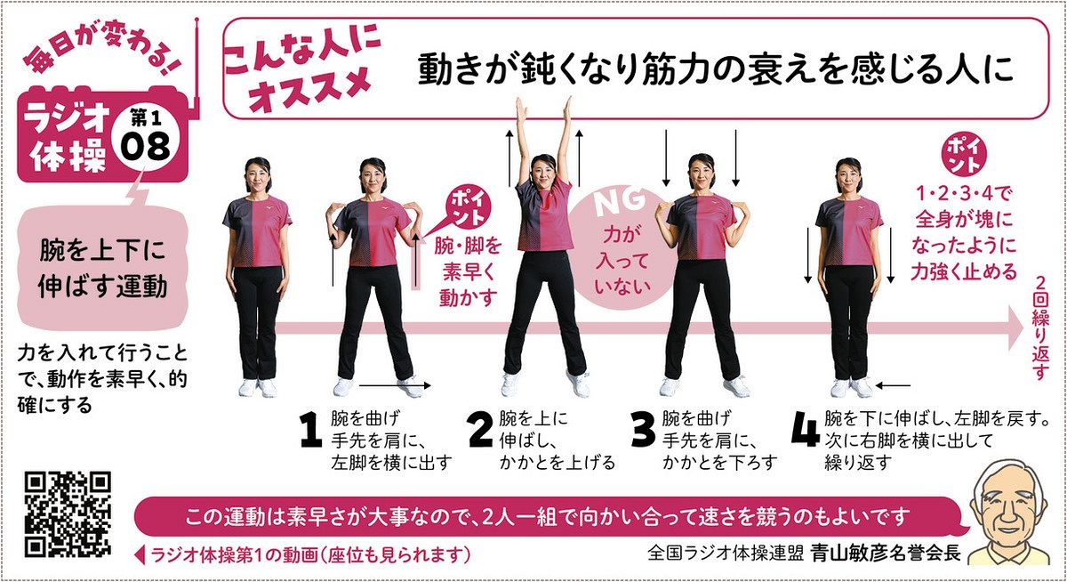 毎日が変わる！ラジオ体操第1＞（08）腕を上下に伸ばす運動 動きが鈍く 
