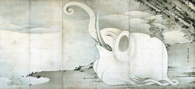 伊藤若冲《象と鯨図屏風》１７９５年　ＭＩＨＯ　ＭＵＳＥＵＭ　右隻（いずれも１０月２４日までの展示）