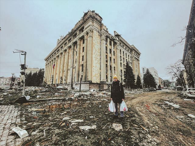 3月上旬、ウクライナ東部ハリコフで、破壊された市街地（クリスティーナさん提供）