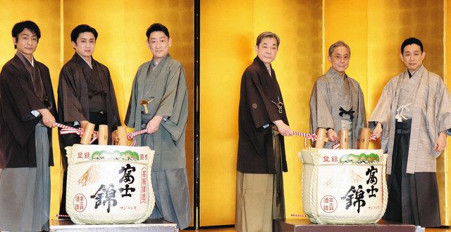 明治座１５０周年を祝い鏡割りをする（右から）片岡孝太郎、中村又五郎、中村梅玉、中村芝翫、松本幸四郎、片岡愛之助 