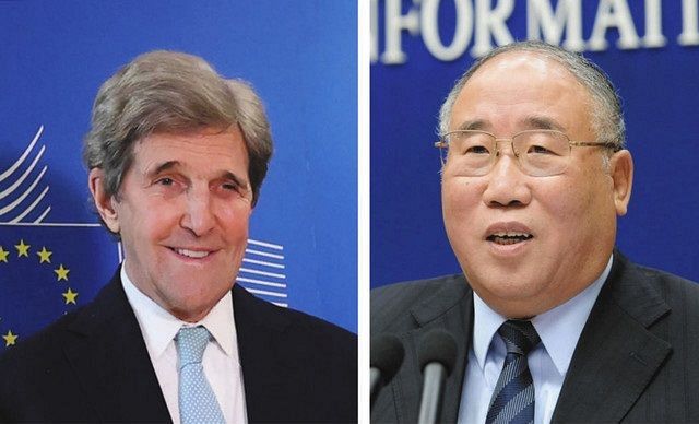 （左）ケリー米大統領特使（ゲッティ＝共同）、（右）中国の解振華・気候問題担当特使