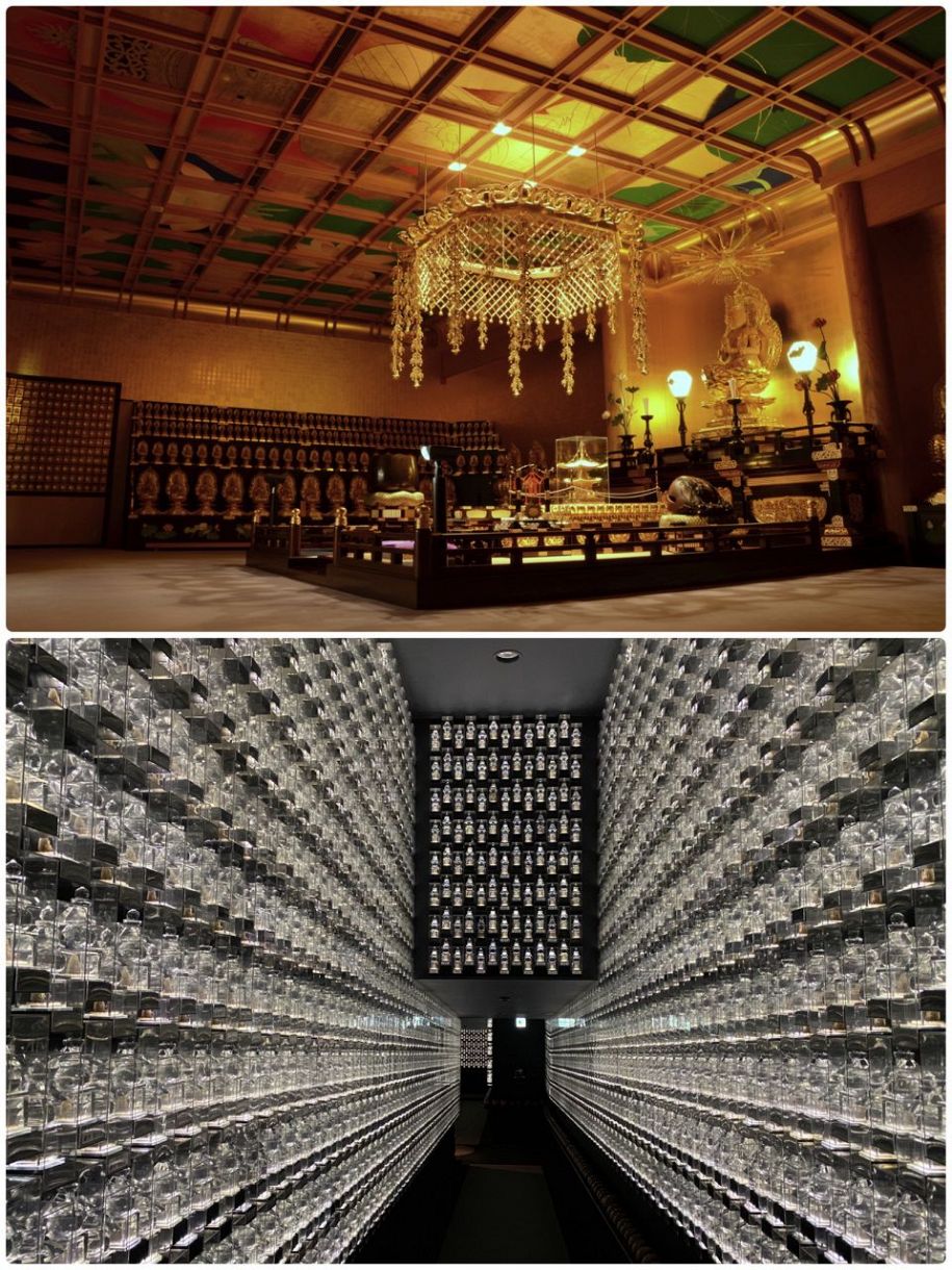 ＜上＞内仏殿4階では日本最大級の天井画「大日如来蓮池図」を公開＜下＞約1万体のクリスタル五輪塔が奉安された、新本堂にある「祈りの回廊」