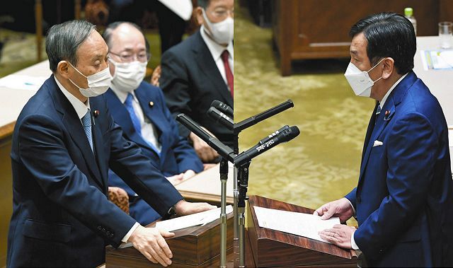 党首討論に臨む菅首相（左）と立憲民主党の枝野代表