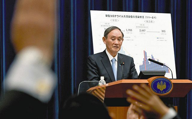 １０都府県の緊急事態宣言の延長を決め、記者会見する菅首相＝首相官邸
