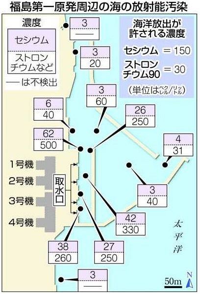 汚染水 打開策なく 取水口近く法定濃度の10倍 福島第一港湾内：東京
