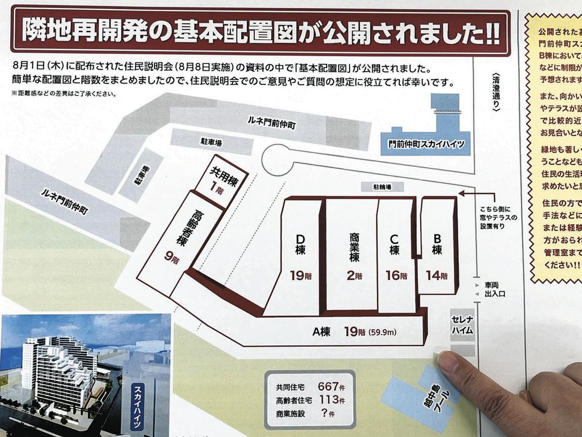 住民の会が地元住民のために作成した、建物の配置と計画概要の掲示。川に沿って横長の1棟、清澄通りと並行に階段状の3棟、商業棟、サ高住が計画されている