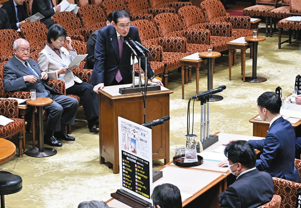 参院予算委で共産党の山添拓氏（右端）の質問に答弁する岸田首相＝13日、国会で
