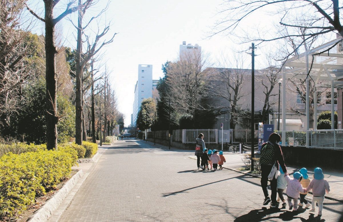 保育園児の散歩コースになっている歩道。区の計画では、右の区道が左に延びて歩道と緑地を横切り高島通りにつながる