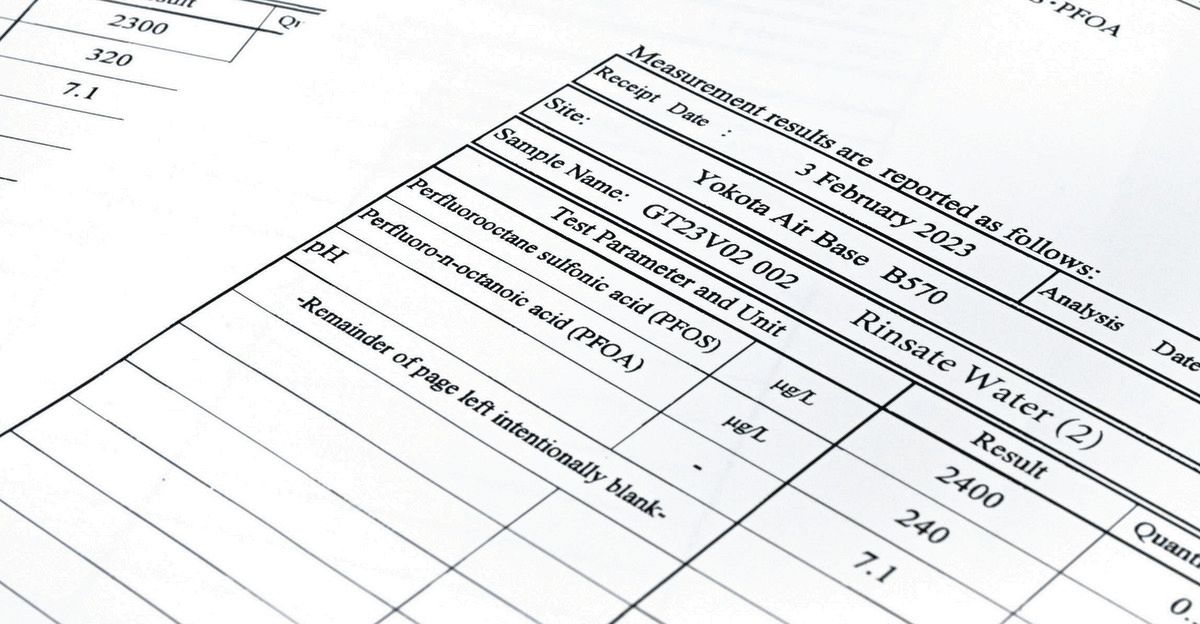 漏出した汚染水の濃度分析結果を示す米軍内部資料。PFOSとPFOAの合計は264万ナノグラムとされ、暫定指針値の約5万3000倍に当たる＝由木直子撮影