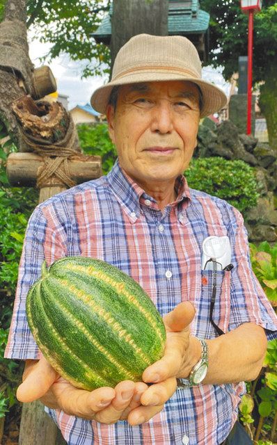 収穫した本田ウリを手にする佐藤さん 