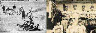左は厳しい軍事教練の様子。右は野球部だった帝京商時代の杉下さん（後列左から２人目）