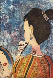 手鏡を眺める女性を描いた平塚雄二さんの銅版画「ＦＡＮ　ＡＲＴ，　ＩＮ　ＦＲＯＮＴ　ＯＦ　ＭＩＲＲＯＲ」（いずれもＣＷＡＪ提供）
