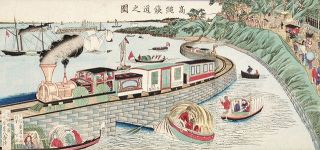 蒸気機関車が走る高輪築堤を描いた明治初期の錦絵＝鉄道博物館提供