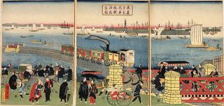 東京高輪海岸蒸気車鉄道の図　歌川広重（三代）１８７１年　江戸東京博物館所蔵（同館提供）
