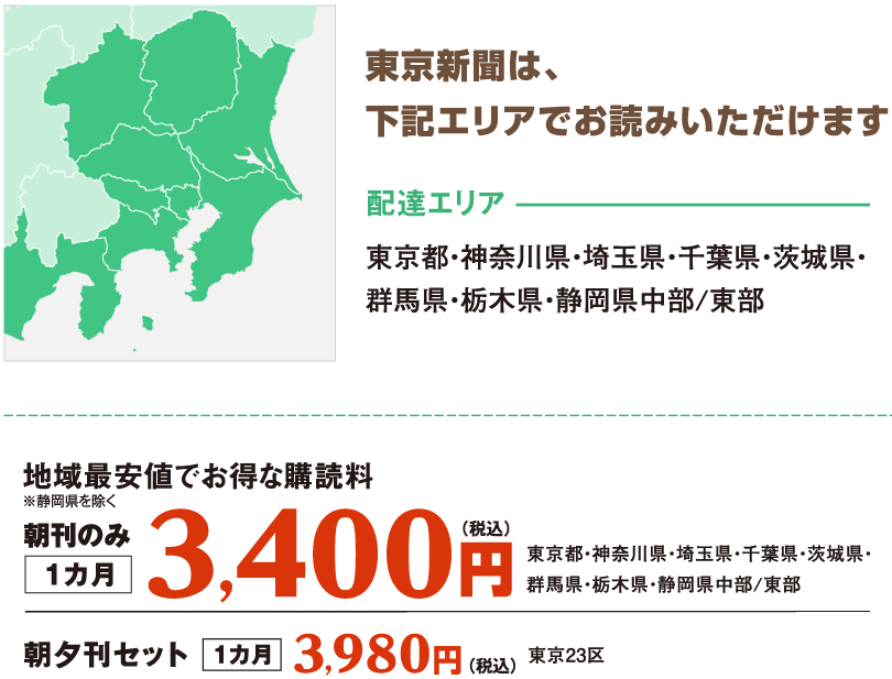 【配達エリア】東京都・神奈川県・埼玉県・千葉県・茨城県・群馬県・栃木県・静岡県中部/東部　【購読料（1カ月・税込み）】朝刊のみ＝3,400円　朝夕刊セット（東京23）区＝3,980円