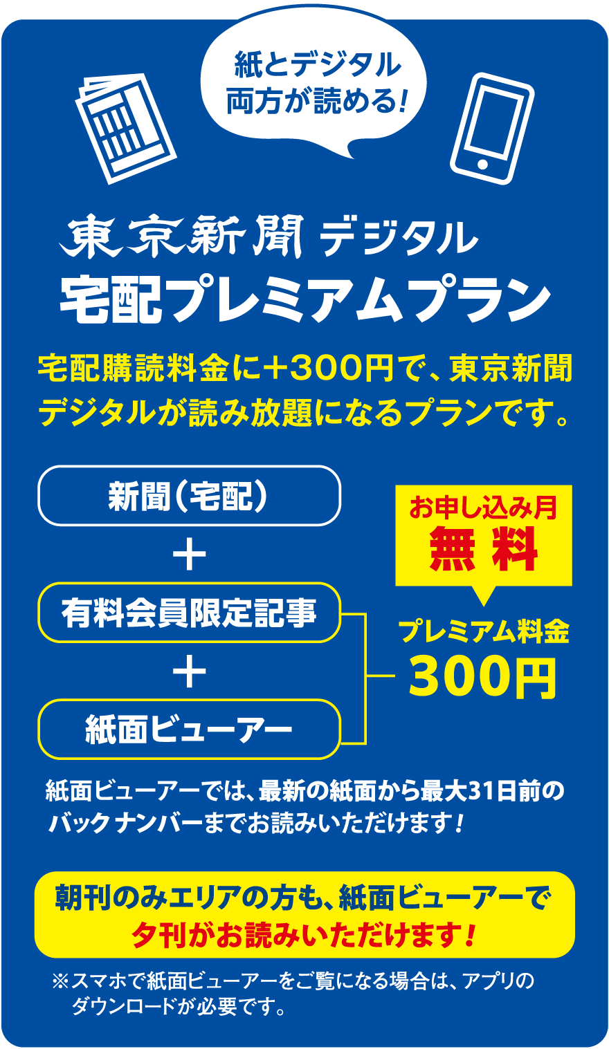 宅配プレミアムプラン　宅配購読料金に+300円で東京新聞デジタルが読み放題
