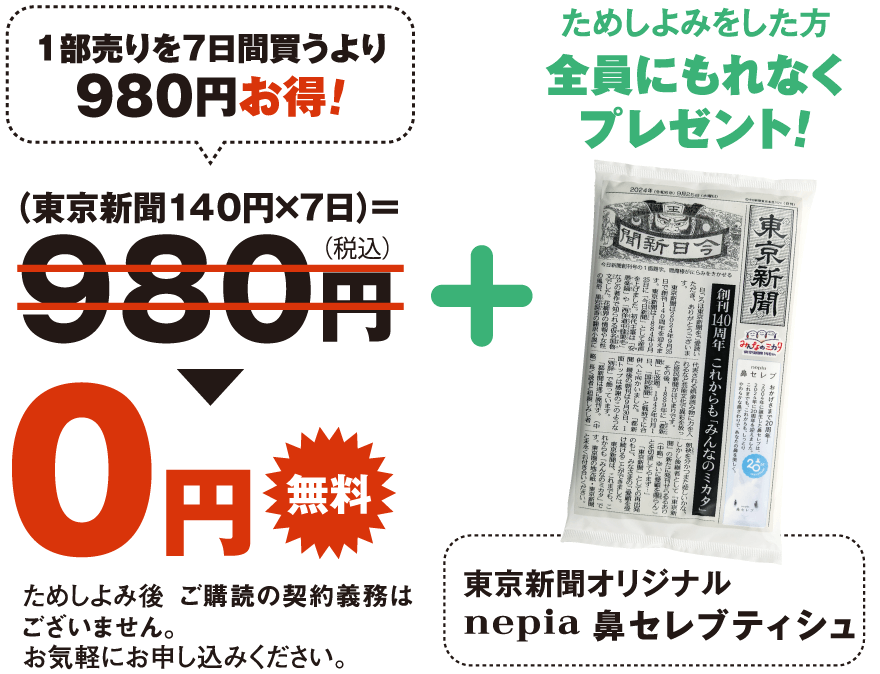 ためしよみをした方全員に、東京新聞オリジナル「nepia鼻セレブティシュ」プレゼント！